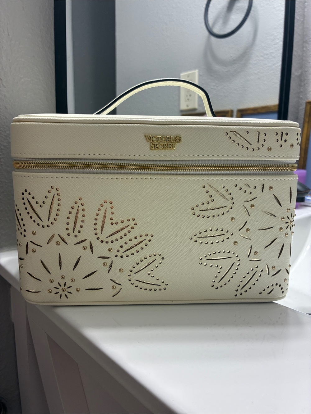 Victoria's Secret Cream Laser Cut Travel Cosmetic Case with Gold Accents